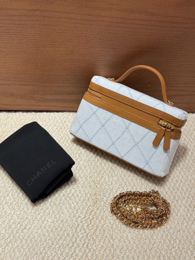 Chanel/香奈兒 26m coco beachLp飯盒包 淡藍丹寧+焦糖色飾邊 尺寸:17*19.5 附件:塵袋-2