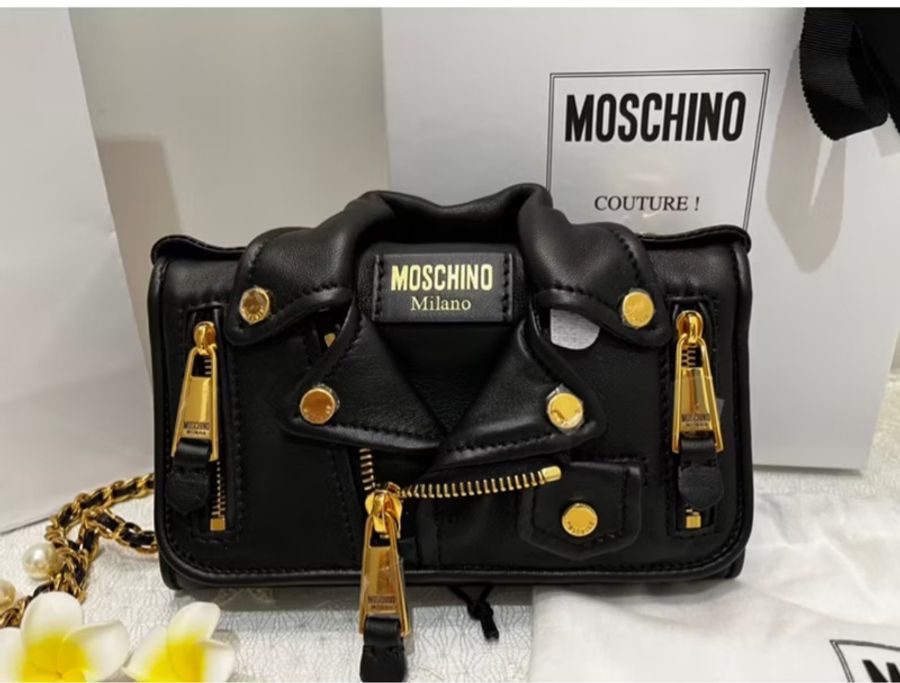 MOSCHINO 真品《全新》黑金夾克造型 WOC 鏈帶包|牛皮|全配附盒|斜背包 肩背包-6