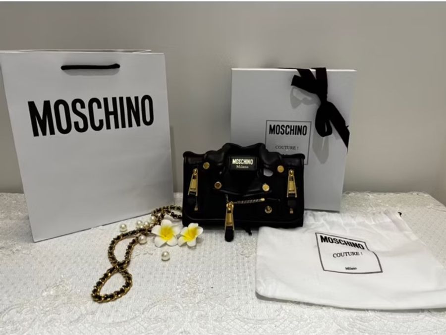 MOSCHINO 真品《全新》黑金夾克造型 WOC 鏈帶包|牛皮|全配附盒|斜背包 肩背包-10