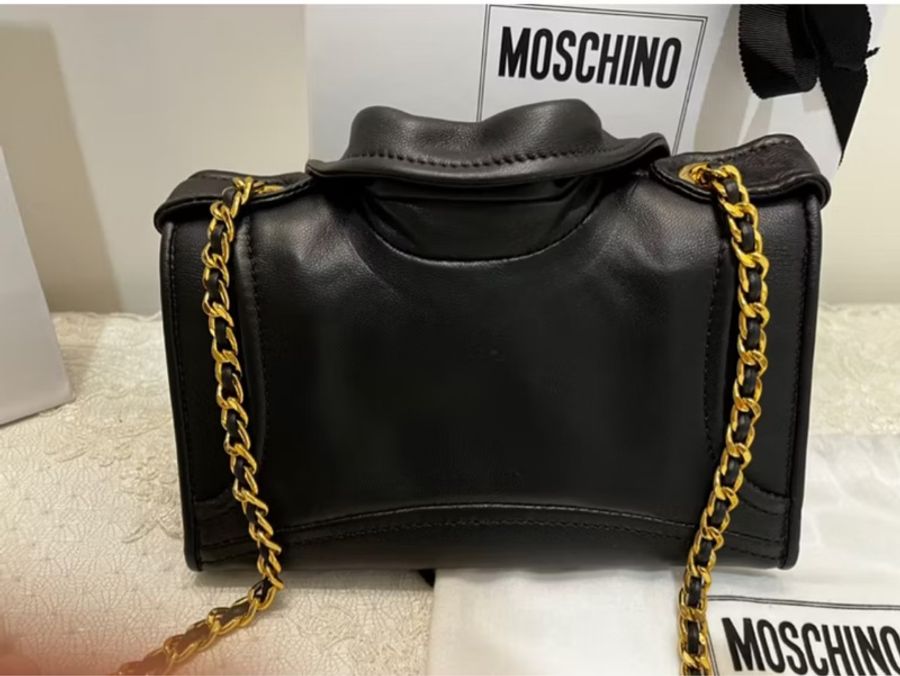 MOSCHINO 真品《全新》黑金夾克造型 WOC 鏈帶包|牛皮|全配附盒|斜背包 肩背包-23