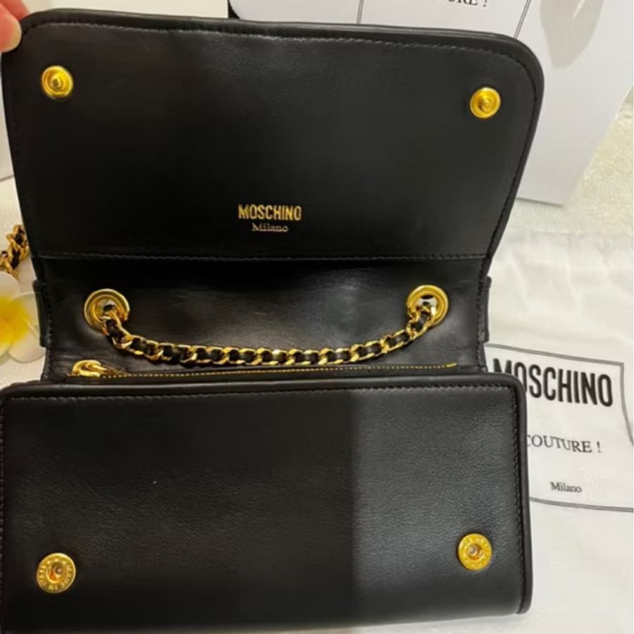MOSCHINO 真品《全新》黑金夾克造型 WOC 鏈帶包|牛皮|全配附盒|斜背包 肩背包-37