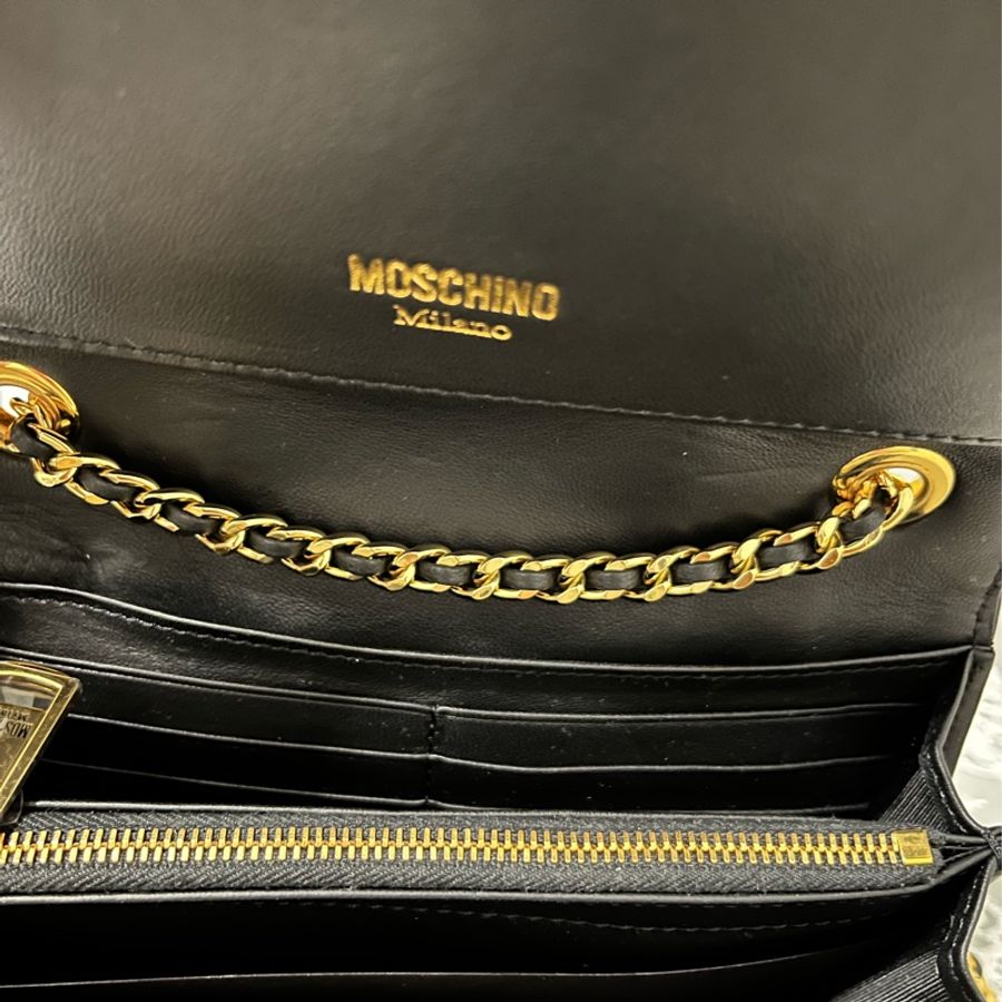 MOSCHINO 真品《全新》黑金夾克造型 WOC 鏈帶包|牛皮|全配附盒|斜背包 肩背包-20