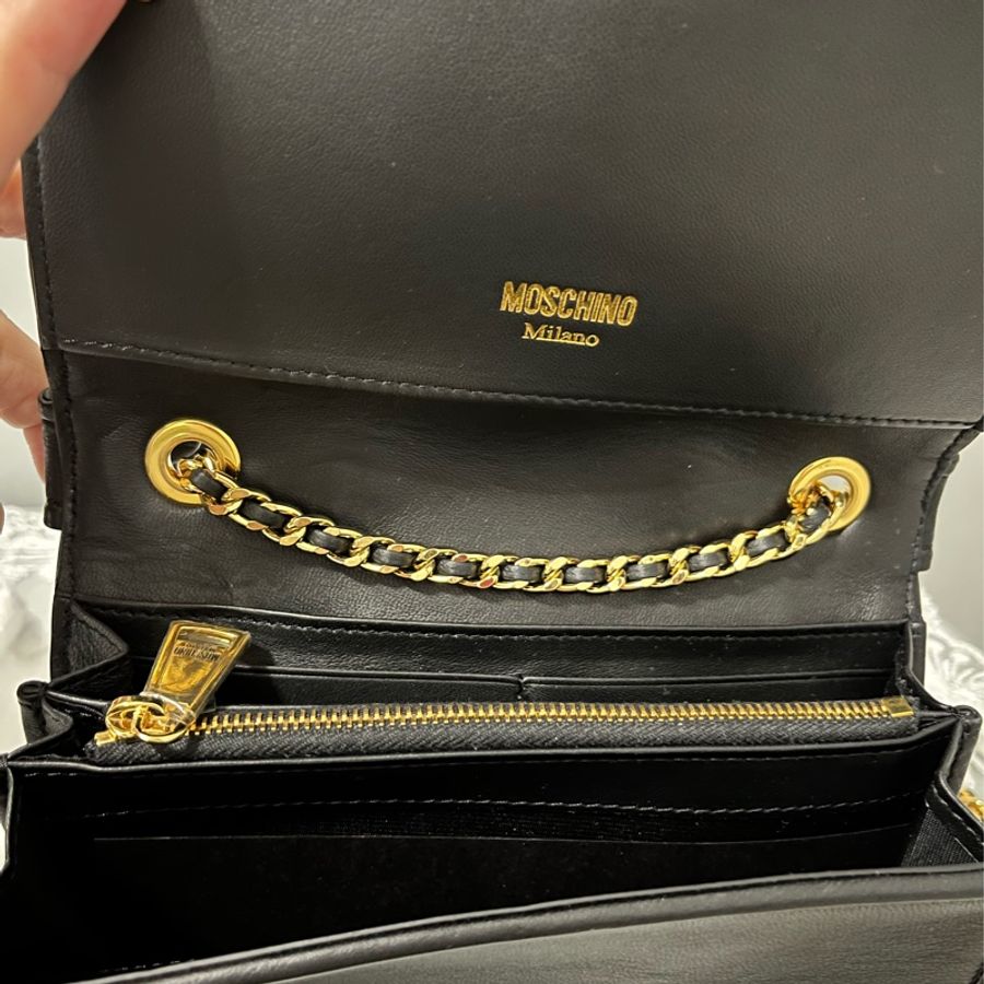 MOSCHINO 真品《全新》黑金夾克造型 WOC 鏈帶包|牛皮|全配附盒|斜背包 肩背包-21