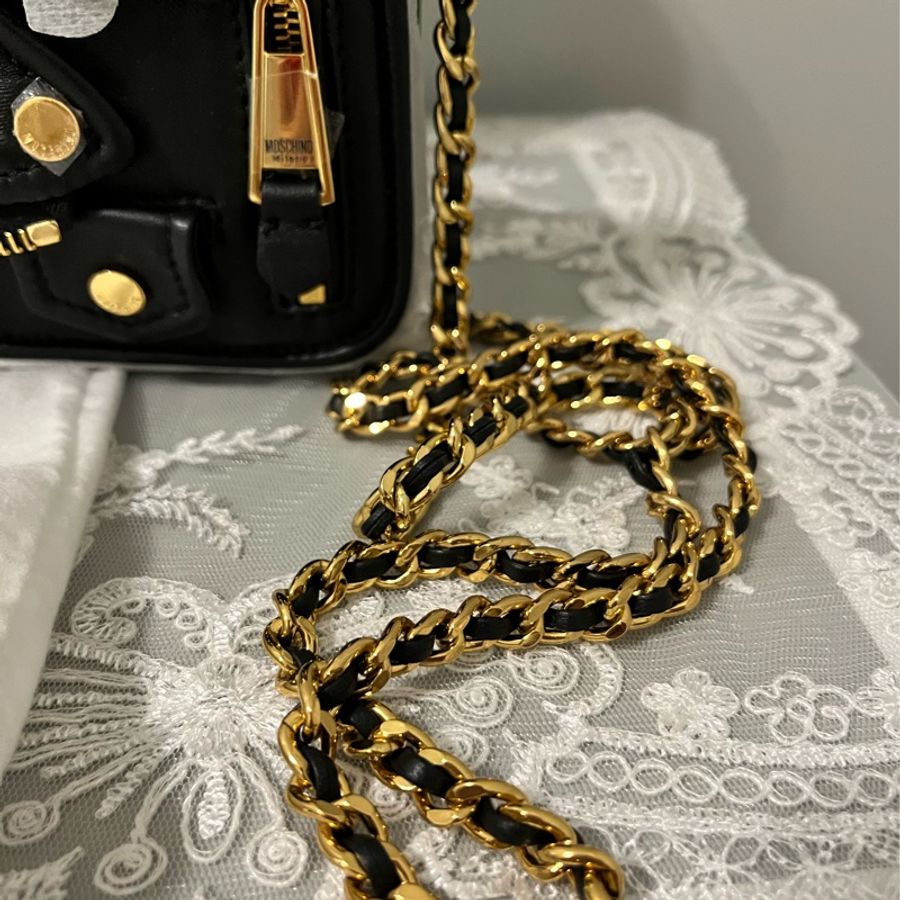 MOSCHINO 真品《全新》黑金夾克造型 WOC 鏈帶包|牛皮|全配附盒|斜背包 肩背包-29