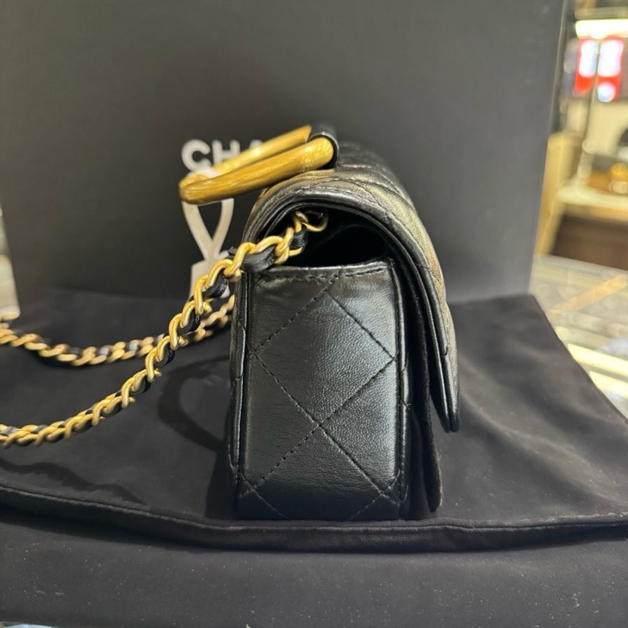 Chanel香奈兒 23B黑金復古圓環手柄包 底長17cm 附件全套-4