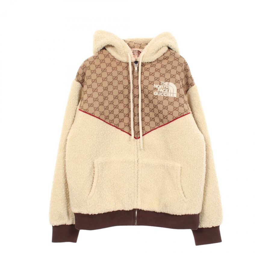 GUCCI × NORTH FACE GG帆布連帽夾克,棉腈綸混紡,米色,二手,男S碼-0