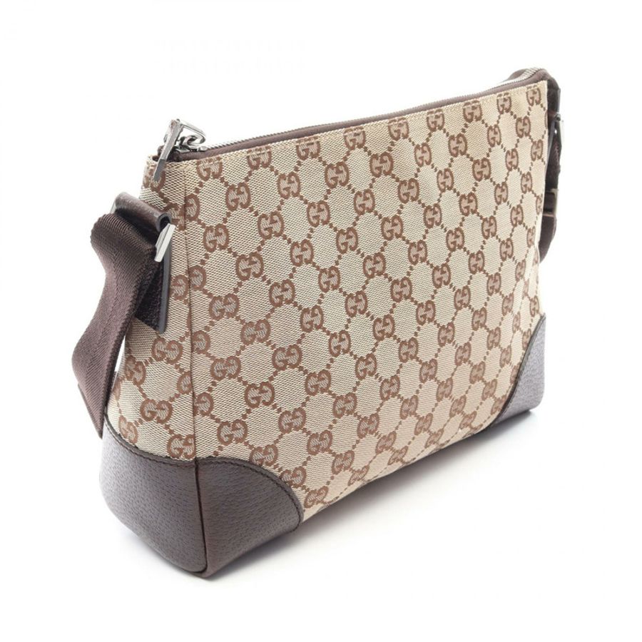 GUCCI GG帆布斜背單肩包 114273 皮革 米色 棕色 二手 女士-1