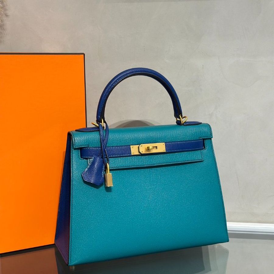 HERMES Kelly 28 - Bleu Paon/Bleu Electrique 孔雀藍拚電光藍金 A-1