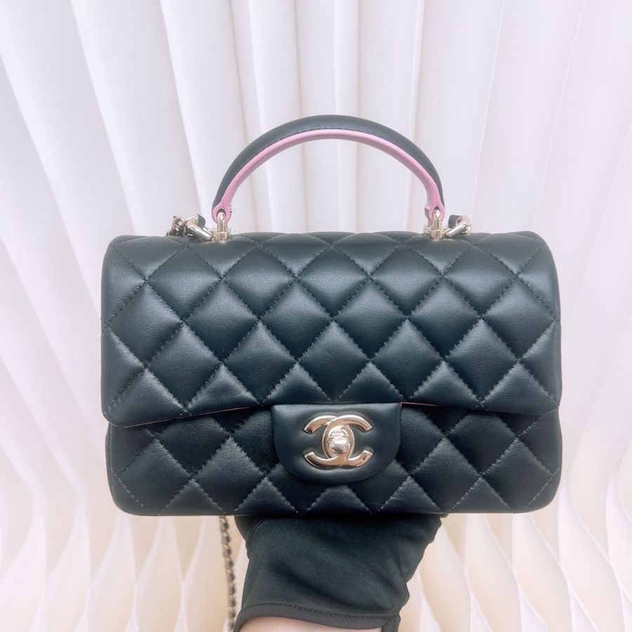 Chanel mini cf 20 黑拼粉手柄鏈條包-1