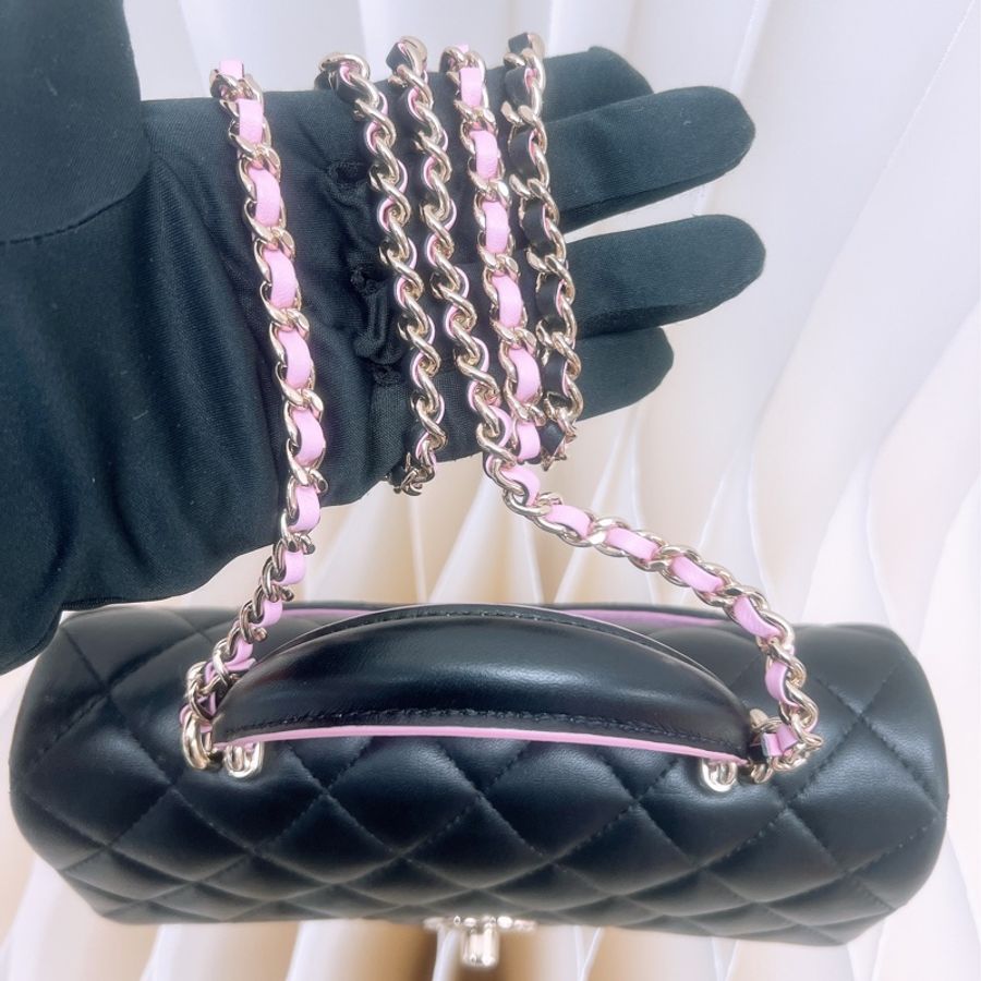 Chanel mini cf 20 黑拼粉手柄鏈條包-10
