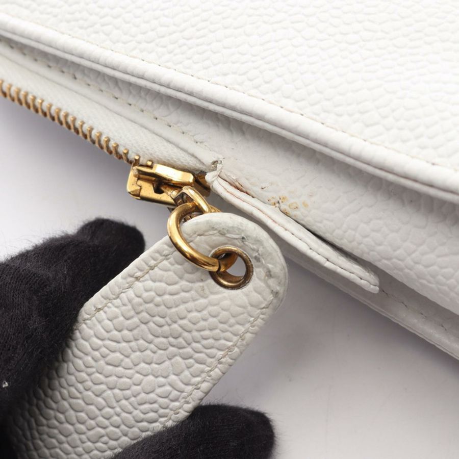 香奈兒 (CHANEL) Logo 鏈條肩背手提包,粒面小牛皮,白色,二手,金色五金-14