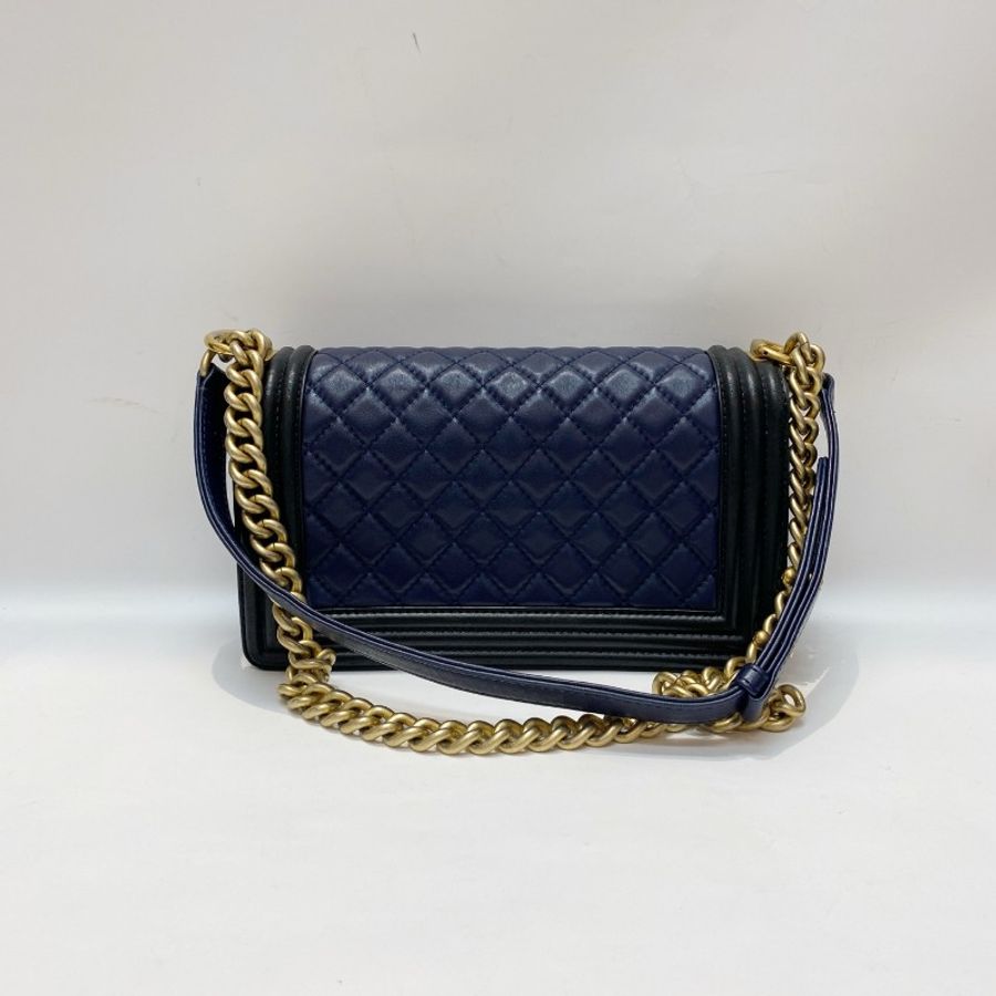 CHANEL香奈儿leboy海军蓝拼黑金扣中号25*15*7-6
