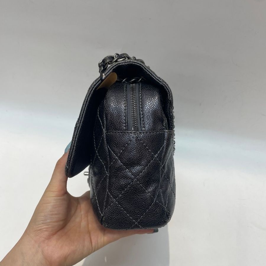 CHANEL香奈儿cf荔枝纹牛皮幻彩黑银jumbo机场包32*6*18-25