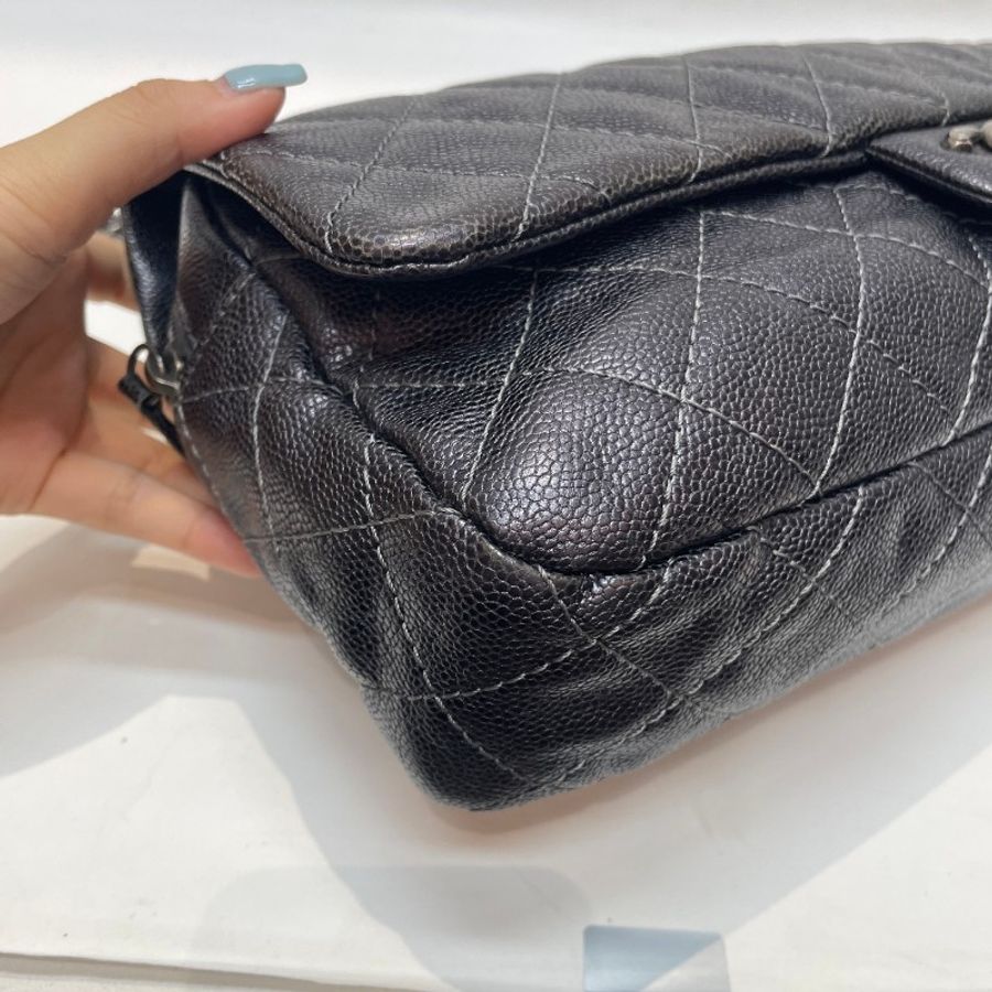 CHANEL香奈儿cf荔枝纹牛皮幻彩黑银jumbo机场包32*6*18-29