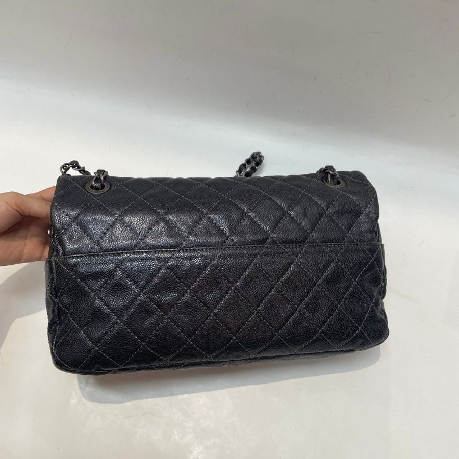 CHANEL香奈儿cf荔枝纹牛皮幻彩黑银jumbo机场包32*6*18-34
