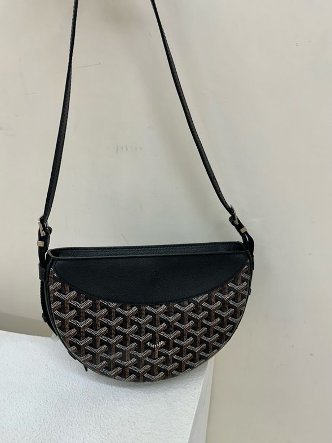 99新 Goyard Hirondelle Y字印拉鍊開合帆布拼小牛皮 燕子包 單肩包 黑色black-0