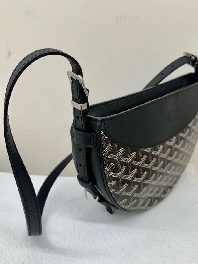 99新 Goyard Hirondelle Y字印拉鍊開合帆布拼小牛皮 燕子包 單肩包 黑色black-1