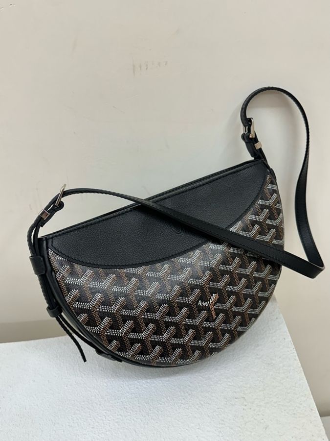 99新 Goyard Hirondelle Y字印拉鍊開合帆布拼小牛皮 燕子包 單肩包 黑色black-2