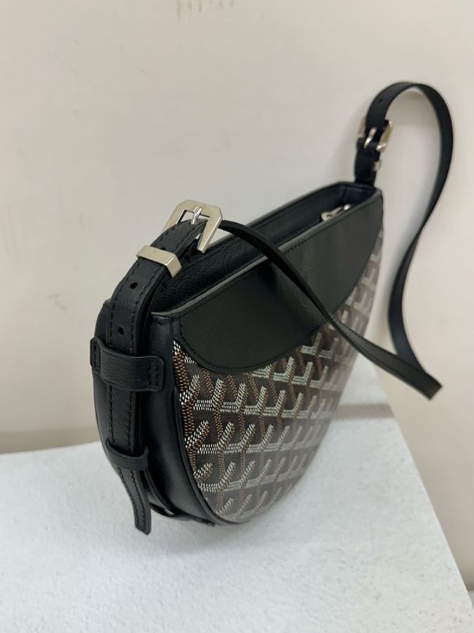99新 Goyard Hirondelle Y字印拉鍊開合帆布拼小牛皮 燕子包 單肩包 黑色black-3