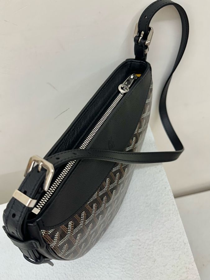 99新 Goyard Hirondelle Y字印拉鍊開合帆布拼小牛皮 燕子包 單肩包 黑色black-4
