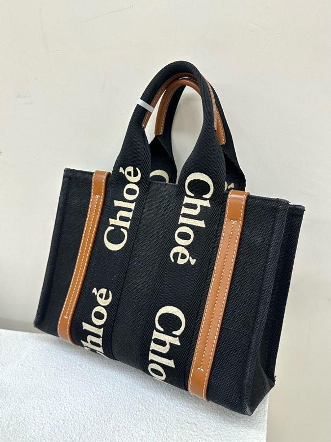 99新 Chloe Woody 可拆卸肩帶 亞麻小牛皮拼亮面小牛皮 單肩包 手提包 小號small 黑色/啡色-3