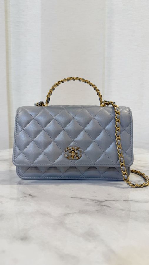 Chanel 珠光淺灰羊皮19 Handle手提斜背WOC AP3664-0