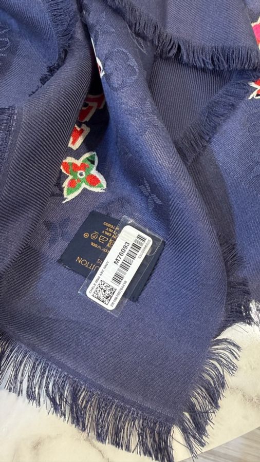 LV 深藍絲質羊毛彩色Logo 披肩圍巾M76093-6