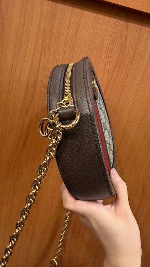 GUCCI PVC卡牛皮金釦斜背圓餅包-3