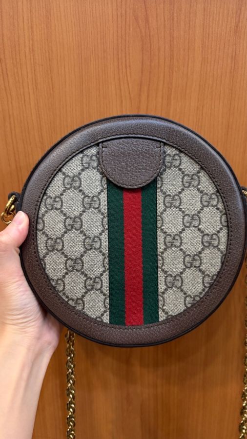 GUCCI PVC卡牛皮金釦斜背圓餅包-8