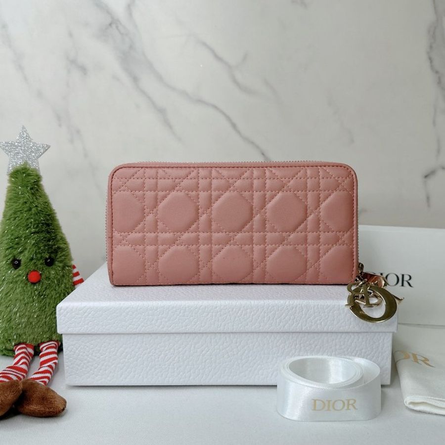 DIOR 粉籐格紋拉鍊長夾-1