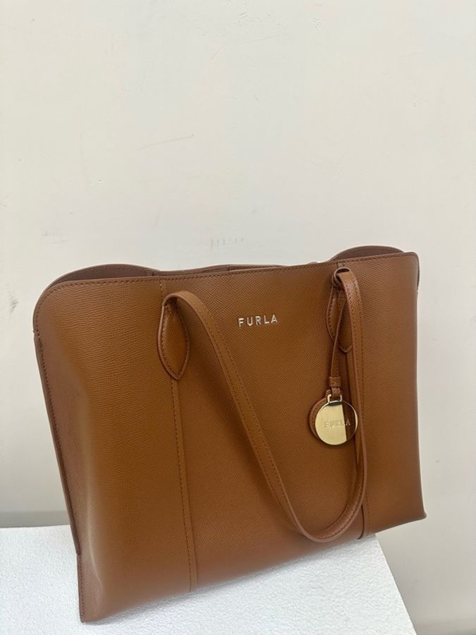 全新閑置 Furla 字母Logo標誌 皮革 托特包Tote包購物袋手提包 乾邑白蘭地 托特包-0
