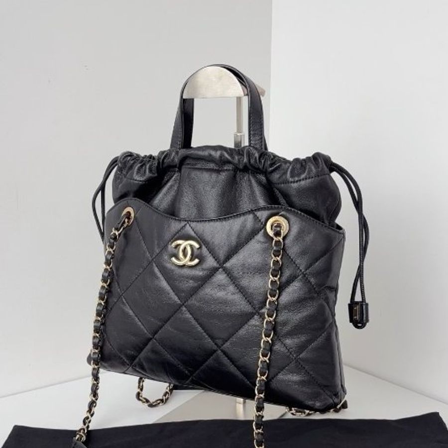 香奈兒/Chanel 黑金菱格小號 抽繩福袋Tote鏈條包-2