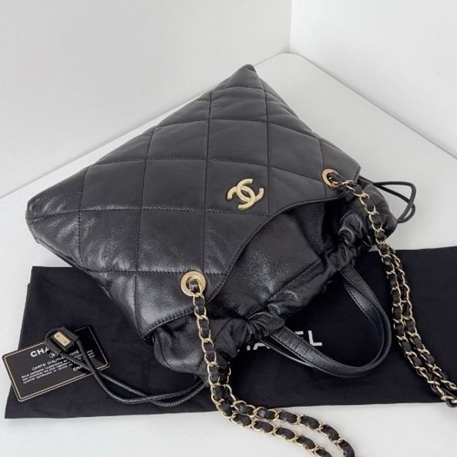 香奈兒/Chanel 黑金菱格小號 抽繩福袋Tote鏈條包-3