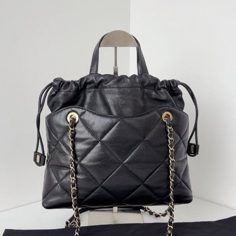 香奈兒/Chanel 黑金菱格小號 抽繩福袋Tote鏈條包-6