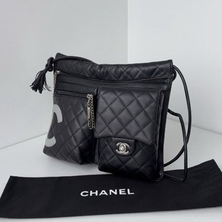 閒置新 香奈兒/Chanel 康鵬黑灰拼色多口袋機車包-3