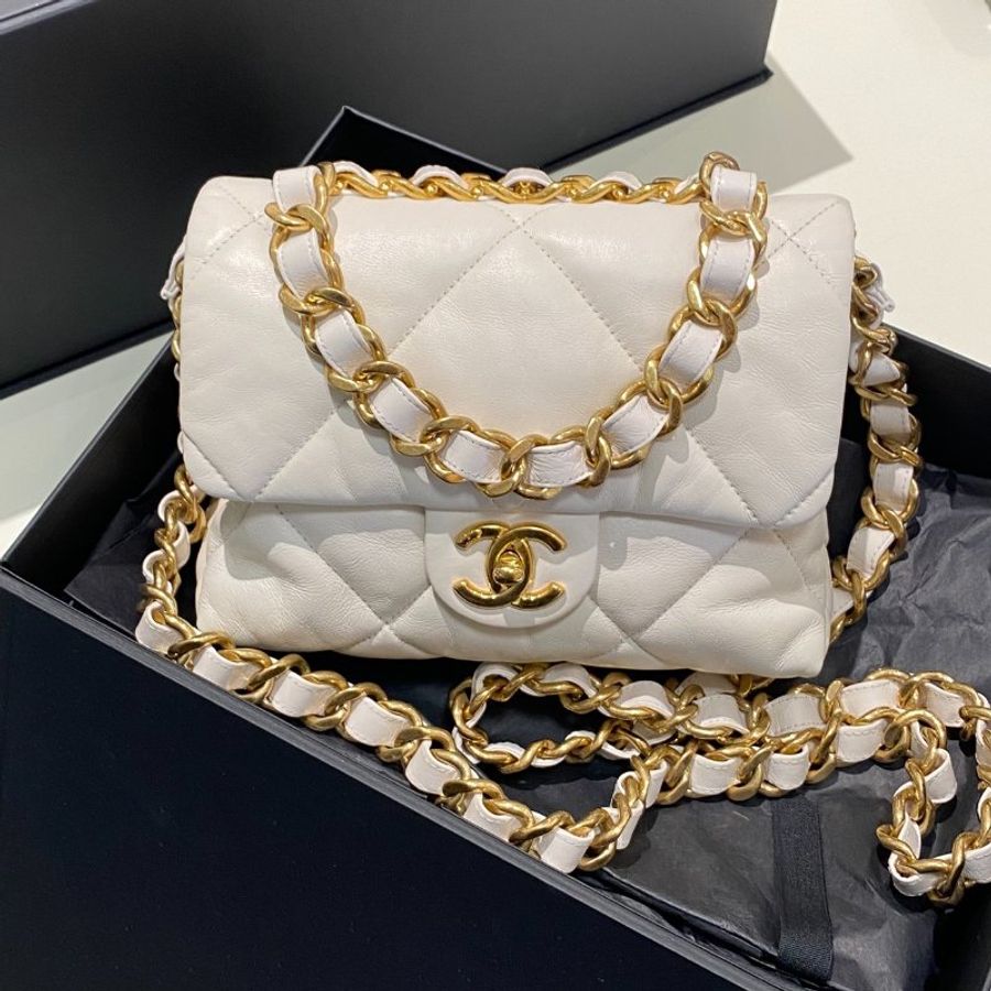 CHANEL 白色 金扣 小羊皮 口蓋包 鏈條包 斜挎包 單肩包 AS3498-3