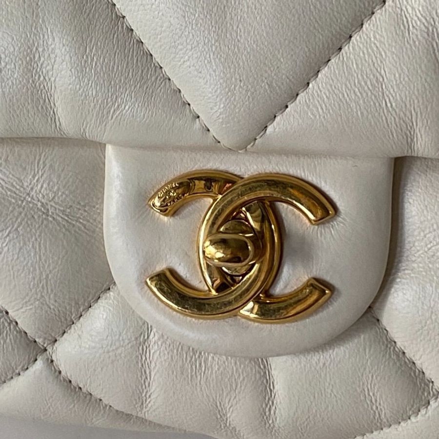 CHANEL 白色 金扣 小羊皮 口蓋包 鏈條包 斜挎包 單肩包 AS3498-9