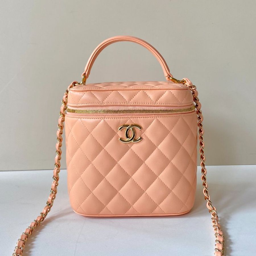 CHANEL 粉色 羊皮 金鍊 直式 手提 斜背 化妝箱 AS2362-0