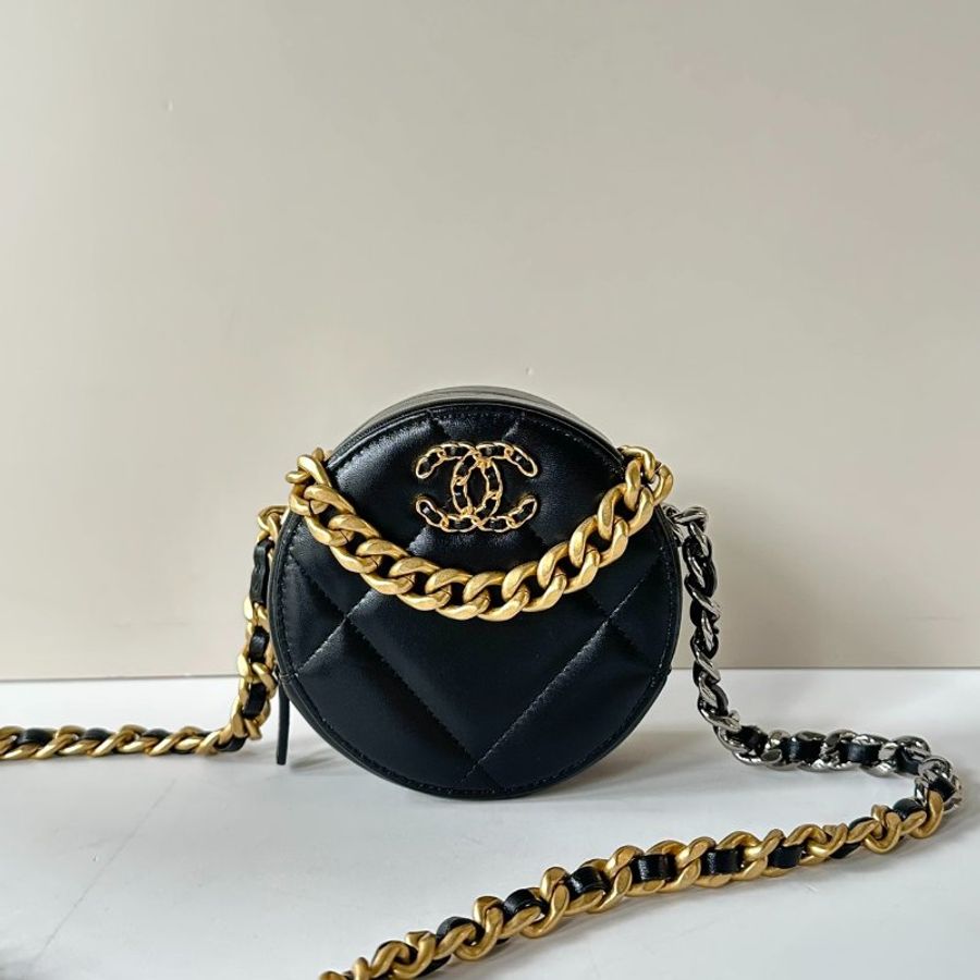 CHANEL 19系列 黑色 羊皮 金釦 雙色鍊 圓餅 斜背包 AP0945 現貨-0