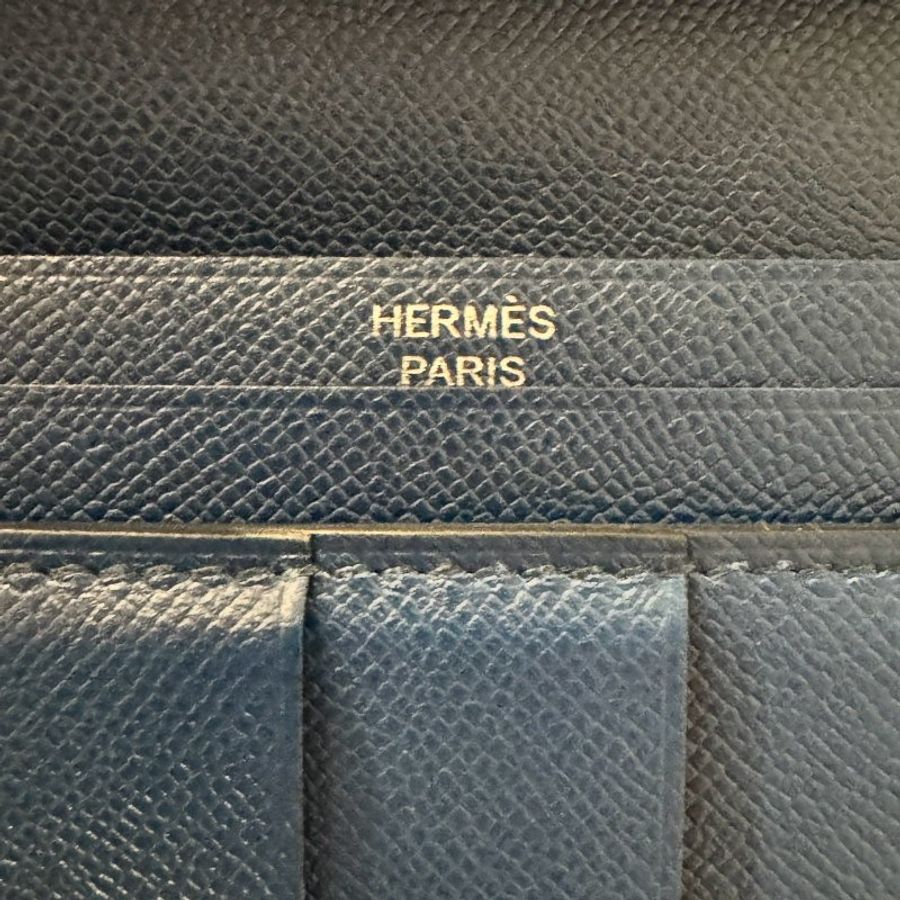 HERMES bearn H 深邃藍 銀釦 W刻 Madame 皮革 對折 長夾-7