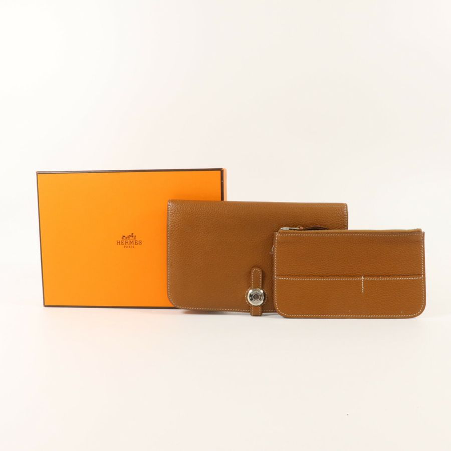 HERMES Togo皮革Dogon Compact長錢包Gold-9