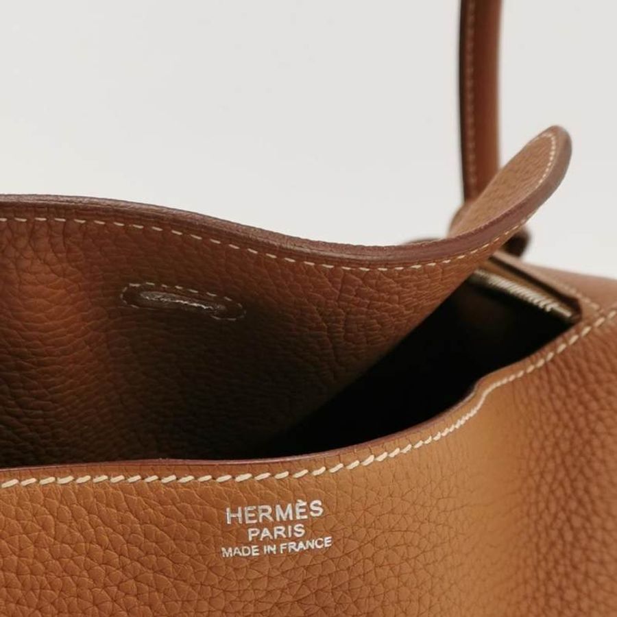 Hermes Lindy30旋扣單肩包Clemence(TC)牛皮銀扣37金棕框R刻-7