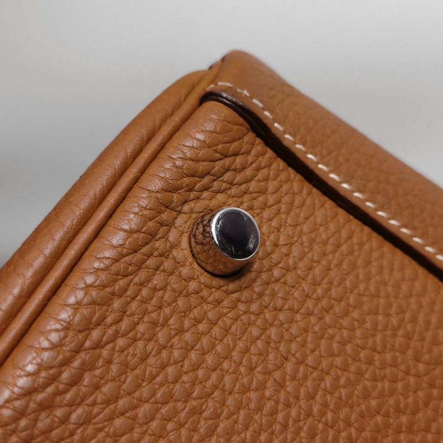 Hermes Lindy30旋扣單肩包Clemence(TC)牛皮銀扣37金棕框R刻-11
