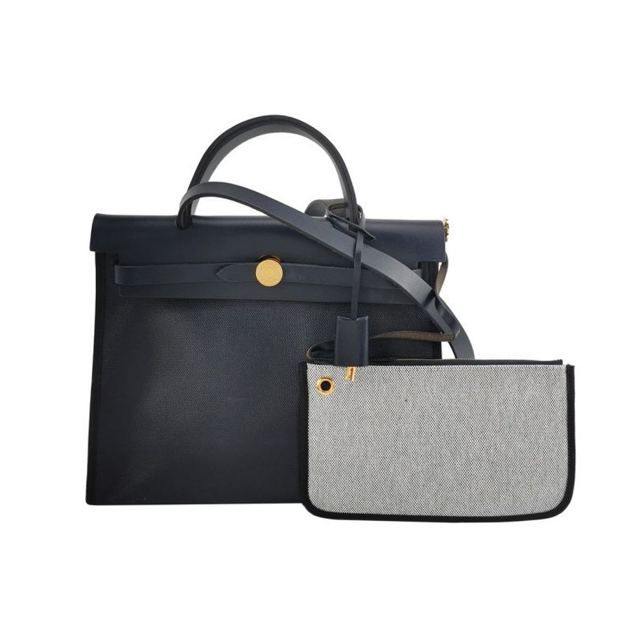 Hermes Herbag31單肩包塗帆布Hunter牛皮帆布金扣76靛藍色淺米色89黑色B刻-0