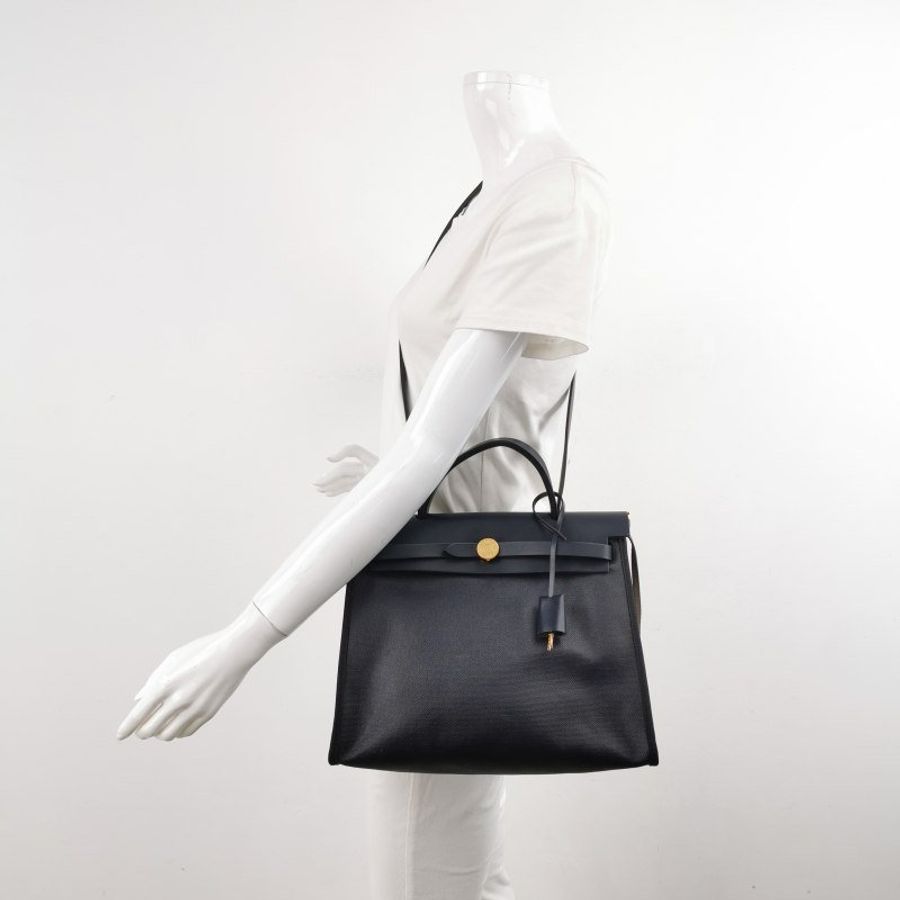 Hermes Herbag31單肩包塗帆布Hunter牛皮帆布金扣76靛藍色淺米色89黑色B刻-1