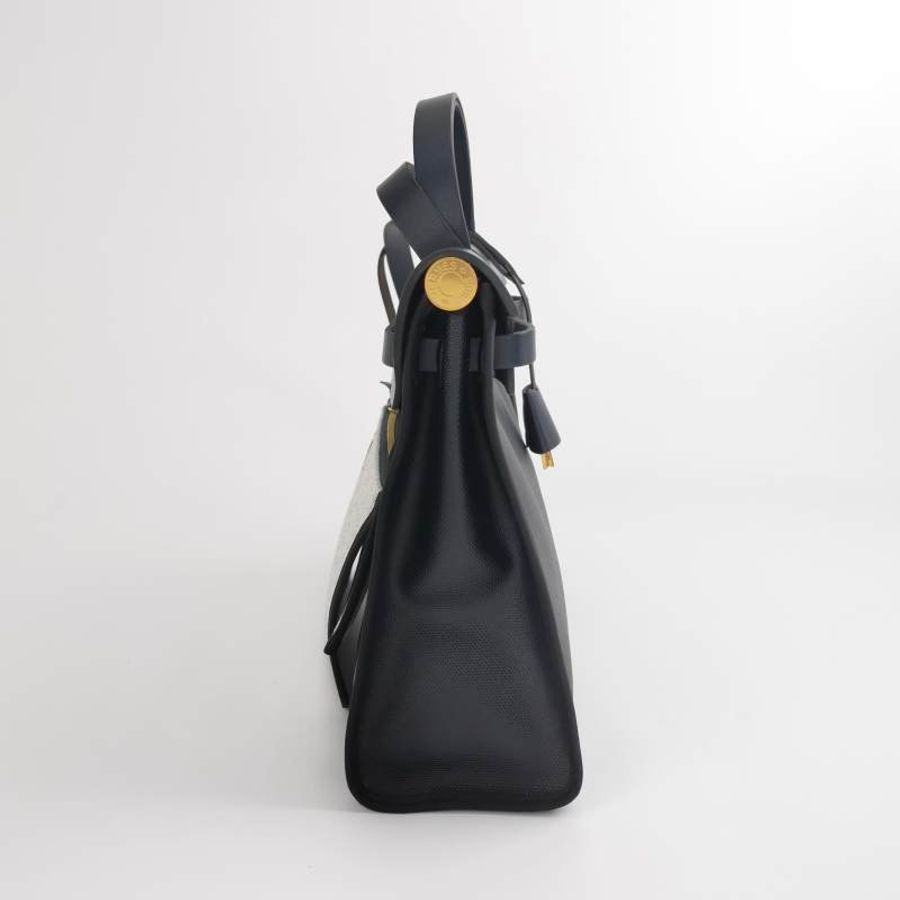 Hermes Herbag31單肩包塗帆布Hunter牛皮帆布金扣76靛藍色淺米色89黑色B刻-3