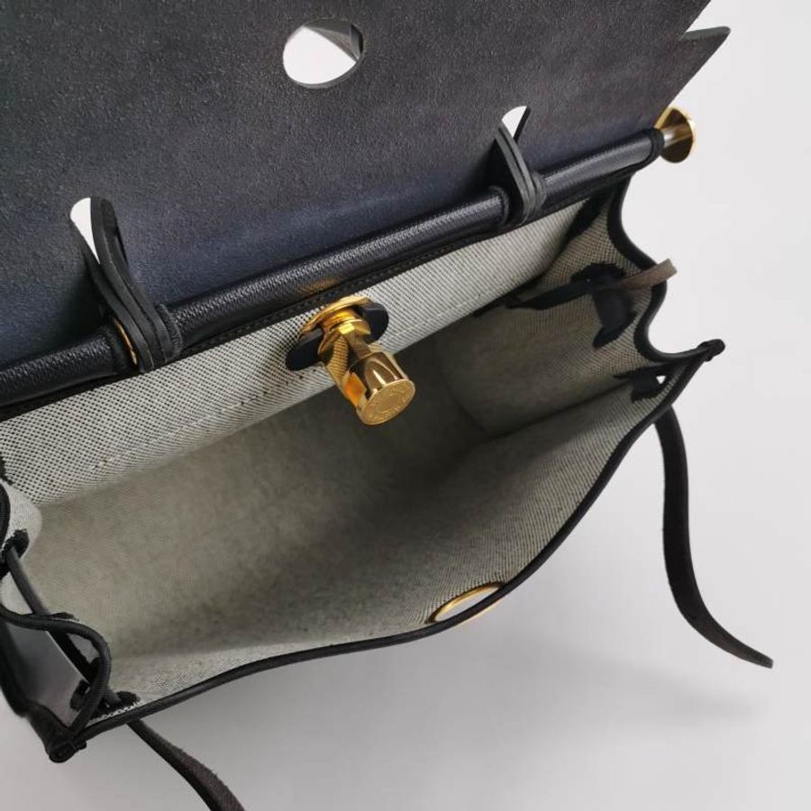 Hermes Herbag31單肩包塗帆布Hunter牛皮帆布金扣76靛藍色淺米色89黑色B刻-6