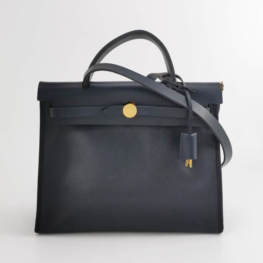 Hermes Herbag31單肩包塗帆布Hunter牛皮帆布金扣76靛藍色淺米色89黑色B刻-7