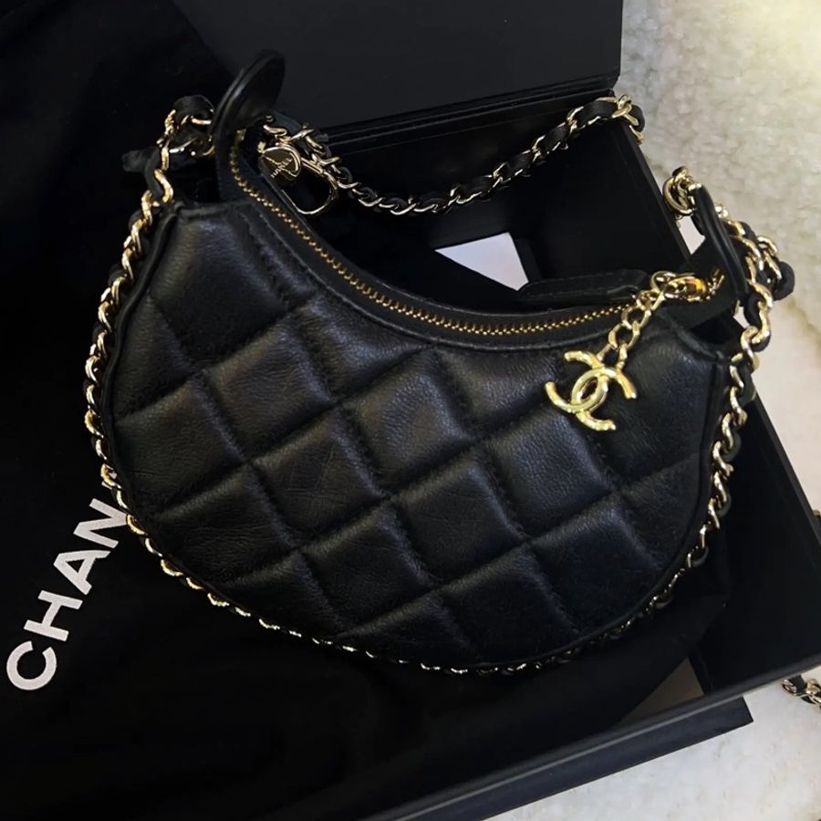 Chanel 香奈兒 黑金羊皮月亮包 芯片款 配塵袋-0
