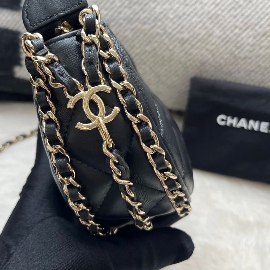 Chanel 香奈兒 黑金羊皮月亮包 芯片款 配塵袋-6